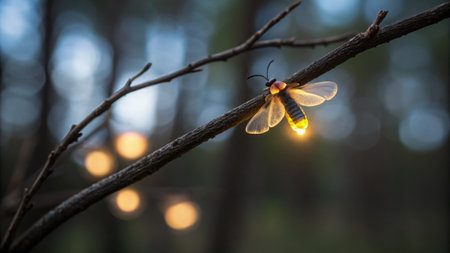 A glowing firefly rests on a twig, illuminating the surrounding forest with soft, ethereal light against a blurred, natural background.の素材
