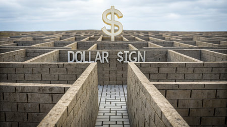 A maze with a dollar sign at its center symbolizes the complexities of finance and wealth navigation.の素材