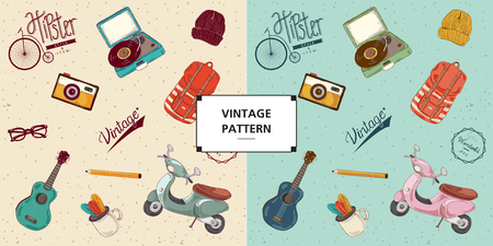vintage retro hipster background pattern items fashion lifestyle illustration bike camera glasses ukulele record player turntable pencil notebook hat graphic collection trendy music casualのイラスト素材