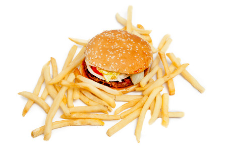 Burgers and fries, on a white backgroundの写真素材