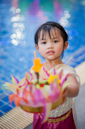 Little girl in Thai traditional costume, Loy Krathongの写真素材