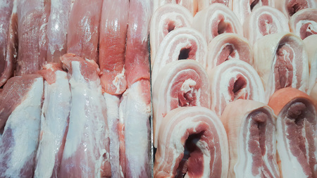 Red beef pork and pork belly that are sold in the marketの写真素材