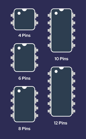 Vector chip icons in a flat style, featuring isolated integrated circuits against a dark background.のイラスト素材