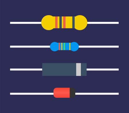 A set of electric component icons, featuring flat illustrations of resistors and diodes, with a dark background.のイラスト素材