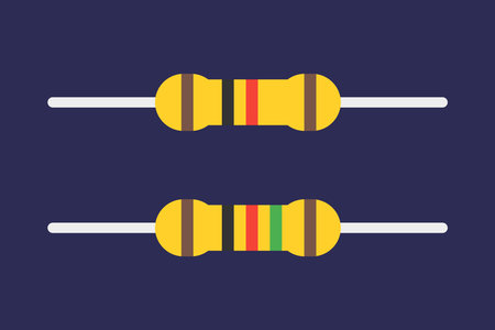 Flat vector resistor icons on a dark background, including detailed 4-band and 5-band color-coded resistor illustrations.のイラスト素材
