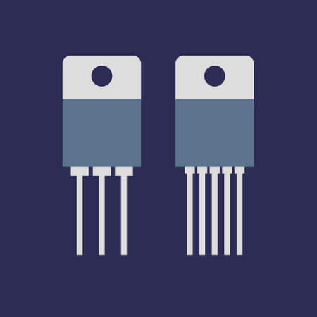 Electronic transistors icons, including variations with 3 pins and 5 pins, set against a dark backdrop.のイラスト素材