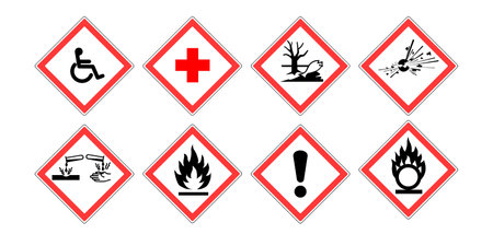 Set of danger signs. Warning signs on a white background. Hazardous materials symbols vector. Vector illustration.のイラスト素材