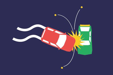 A flat-style vector depiction of one car colliding with another in a vehicular accident.のイラスト素材