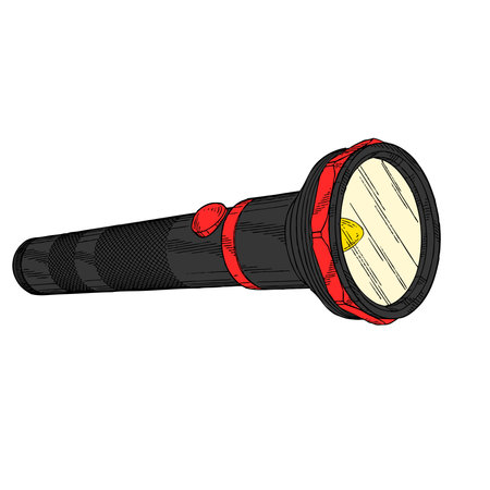 Hand drawn flashlight. Vector illustration of a flashlight. Black and red color.のイラスト素材