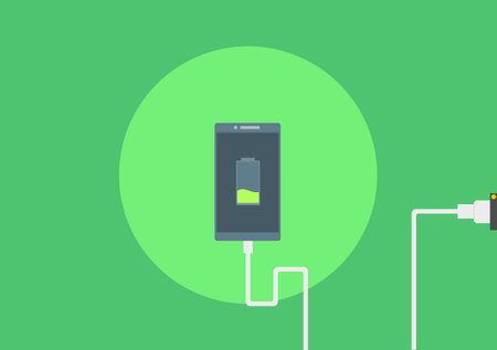 Smartphone charging in power plug on blue background. Vector illustration.のイラスト素材
