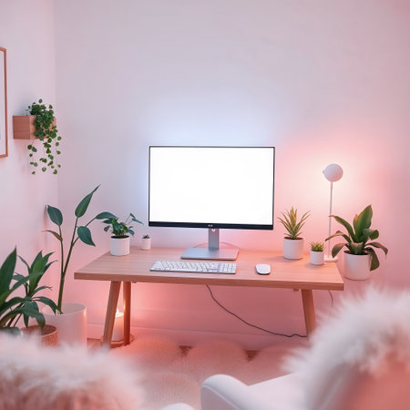 Dreamlike pastel computer desk setup, soft ambient light, sleek tech, natural wood, white walls, indoor plants, surreal and soothing, Scandinavian style.の素材