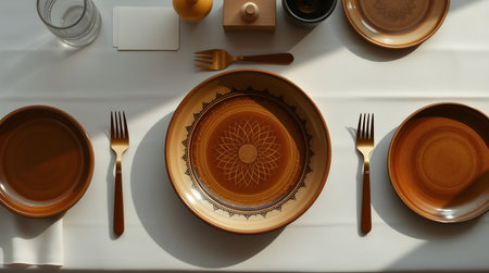 A well-lit, top-down view showcases a refined table setting with brown plates, gold forks, and decorative details, bathed in natural light, creating a sense of warmth.の素材