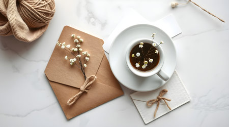 An elegant still life arrangement featuring a cup of coffee adorned with delicate flowers, alongside envelopes, and a cozy ball of yarn, all set on a pristine marble backdrop.の素材