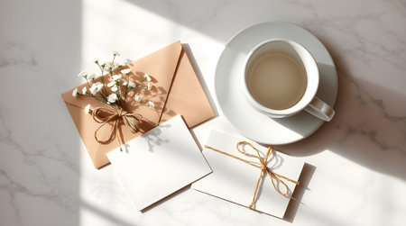 An overhead shot featuring a cup of coffee on a saucer, an envelope adorned with flowers, and blank cards tied with twine, all set against a white marble backdrop.  The composition is bright and airy.の素材