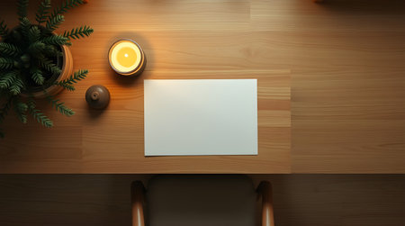 A top-down view of a workspace featuring a warm-toned wooden desk. It is adorned with a lit candle, a green plant, a blank paper, and a chair below.の素材