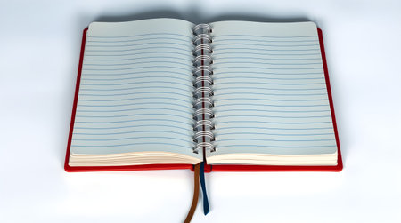 An overhead shot of an open red notebook with lined pages and a metal spiral binding on a white background. The notebook has two colored bookmarks.の素材