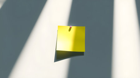 A bright yellow sticky note is held on a white wall with a pushpin. The shadow from a light shines across.の素材