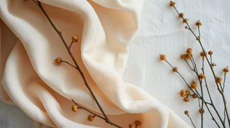 A close-up shot of soft beige fabric, elegantly draped, with delicate brown sprigs of dried flowers, all resting on a textured white surface.の素材