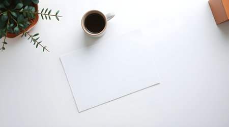 A clean, overhead shot of a workspace featuring a blank white paper, a cup of coffee, and a potted plant, with minimalist elements.の素材