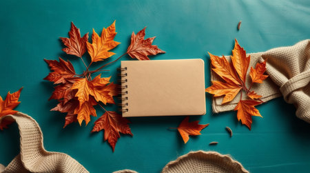 A top-down view of a teal surface adorned with fall elements. A spiral-bound notebook rests amidst vibrant maple leaves, a rustic burlap square, and a knitted scarf, creating a warm, seasonal ambiance.の素材