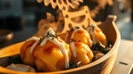A macro shot of savory dumplings in a wooden boat-shaped dish, adorned with toppings and herbs. The warm light enhances the food's texture.の素材