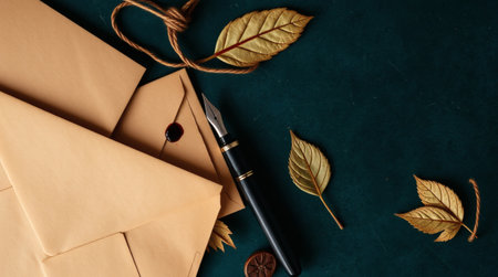 A close-up shot showcasing an arrangement of stationery elements. Envelopes, a classic fountain pen, and stylized leaves are placed against a textured, dark teal background, creating a sense of classic elegance.の素材