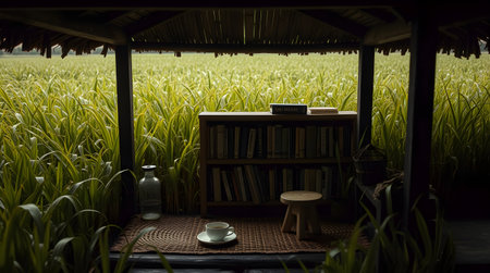 A serene reading nook offers a peaceful escape amidst a vibrant green field, with books, a cup of coffee, and natural elements, creating a calming atmosphere.の素材