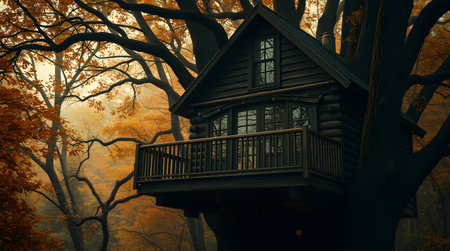 A charming treehouse in an autumn forest with vibrant foliage. The cozy atmosphere invites exploration and wonder. The dark exterior contrasts with the colorful leaves.の素材