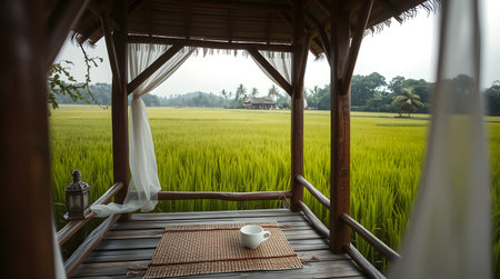 A serene gazebo provides a picturesque view of a lush rice field, creating a tranquil atmosphere for relaxation and contemplation. A cup sits on the table.の素材