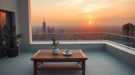 Enjoy a stunning sunset over a city skyline from a luxury high-rise balcony. Features a coffee cup on a table and a small potted plant.の素材