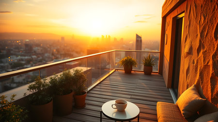 A breathtaking sunset view from a rooftop terrace. Includes a coffee cup, plants, and a cityscape. The warm, golden light creates a perfect ambiance.の素材