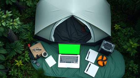 An overhead shot reveals a campsite, featuring a tent, a laptop, and a selection of accessories, all set amidst lush greenery. It's a work from nature scenario.の素材