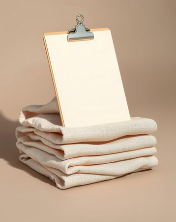 A clipboard placed on top of neatly folded cloths, creating a clean and aesthetically pleasing composition.の素材