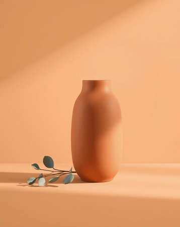 A minimalist shot featuring an orange vase with a leaf sprig on a warm peach background with natural light and shadow.の素材