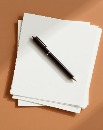 An aesthetically pleasing still life featuring a pen atop a stack of paper, with a warm backdrop. The composition focuses on texture and subtle shadows.の素材