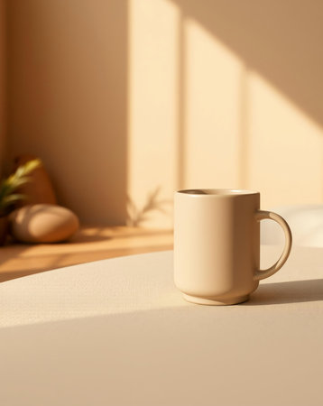A minimalist composition, featuring a beige mug on a beige surface, casting shadows. The lighting suggests a warm, sunny atmosphere with a touch of simplicity.の素材