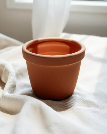 A close-up shot of a small, empty terracotta pot, positioned on a gently draped, textured fabric. The scene is lit by soft, natural light.の素材