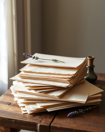 A close-up shot of a stack of cream-colored envelopes, accented by lavender and a vintage inkwell, set against a warm wooden surface.の素材