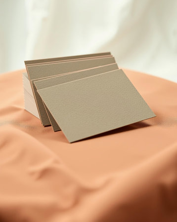 A close-up of a stack of business cards on a textured peach surface. The business cards have a neutral color.の素材