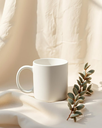 A white mug sits on a textured fabric background, with a sprig of greenery. Natural light and soft tones create a calm atmosphere.の素材
