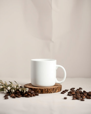 A clean, minimalist still-life composition featuring a white mug on a wooden coaster, coffee beans and some leaves.の素材