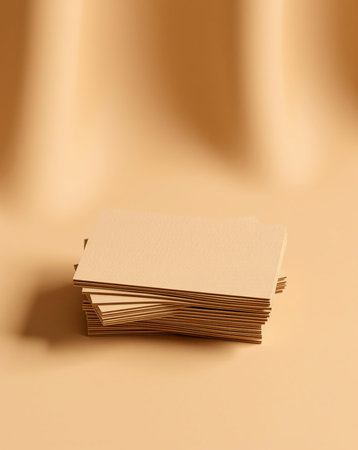 A stack of beige square business cards with a textured surface, casting shadows, on a light background. Perfect for design and branding projects.の素材