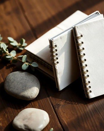A still life arrangement featuring notebooks, smooth rocks, and green foliage set on a dark wooden surface. The composition captures the interplay of textures and natural elements.の素材
