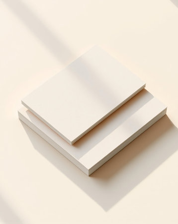Two stacks of blank, textured paper pads are gently illuminated by soft, natural light, creating a minimalist and clean visual. The neutral background enhances the serene composition.の素材