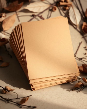 A stack of blank beige papers sits on a neutral surface, accompanied by autumnal decorations. The papers offer a versatile canvas for creative endeavors. The scene evokes a sense of warmth and simplicity.の素材