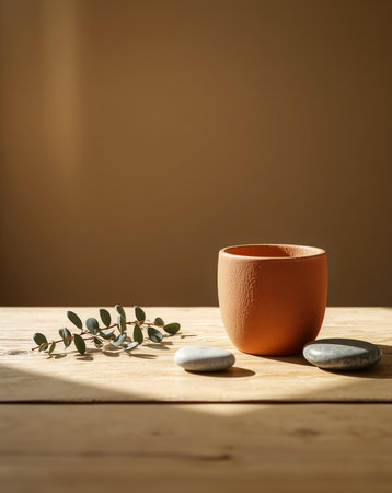 A beautifully composed still life featuring a terracotta cup, sprig of leaves, and smooth stones. The warm light and texture of the wooden table create a serene atmosphere.の素材