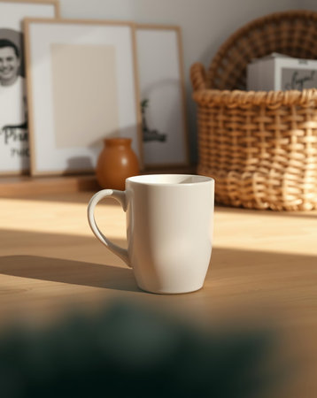 A white mug is placed on a light wood surface. Behind the mug, there is some art and a woven basket. The lighting suggests morning or late afternoon.の素材