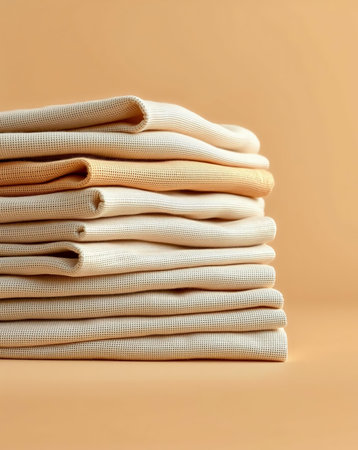 A close-up image presents a stack of folded beige textiles. The neat arrangement of the pile creates a visually appealing composition against a warm orange background.の素材