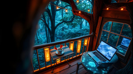 A tranquil treehouse scene with a laptop, coffee cup, and string lights, overlooking a beautiful misty forest. It is an invitation to escape and relax in a dreamy atmosphere.の素材