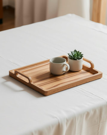 A wooden serving tray holds a white mug and a small potted succulent plant on a white tablecloth.の素材